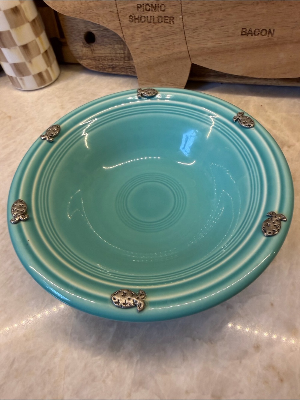 Vintage Fiesta turquoise small 6-1/2” cat bowl with fish **RARE FIND* SO CUTE!